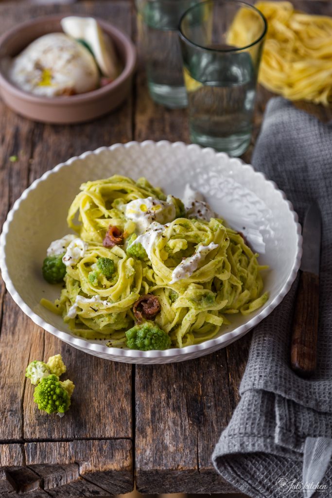 Italians, pasta and a plate of tagliatelle with romanesco broccoli ...