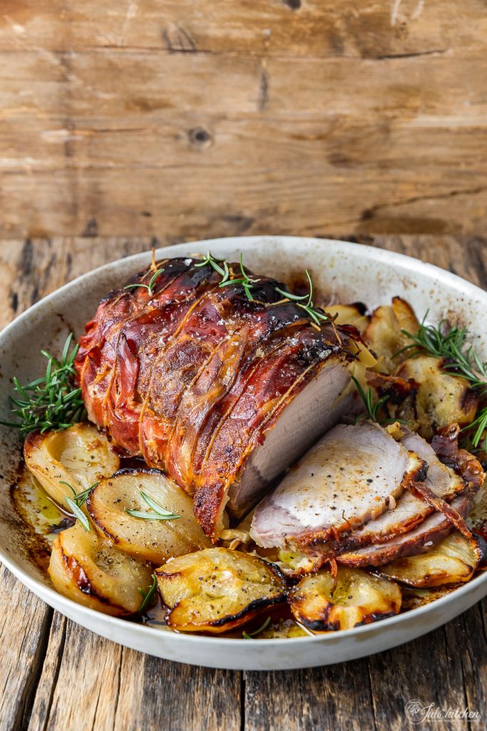 roast pork loin with pears and pecorino cheese