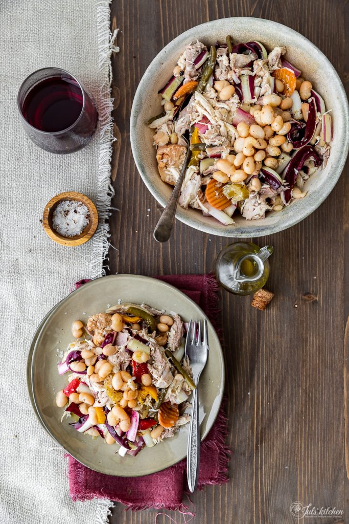 Cannellini bean and chicken salad, with pickles and radicchio 