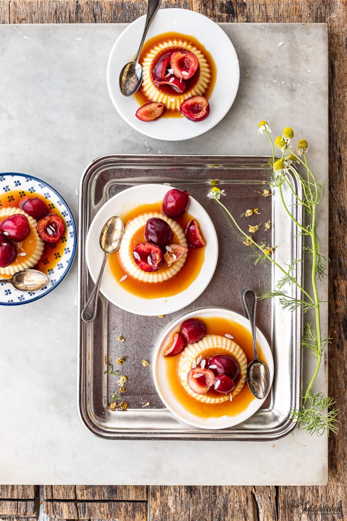 Chamomile panna cotta with cherries